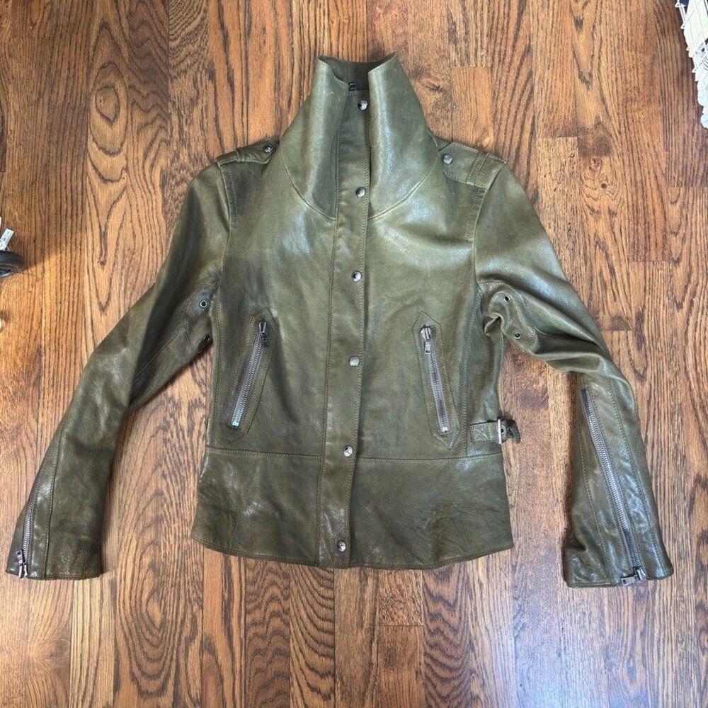 Andrew Marc Olive Green Leather Moto Jacket Lambskin Asymmetric Zip Size S